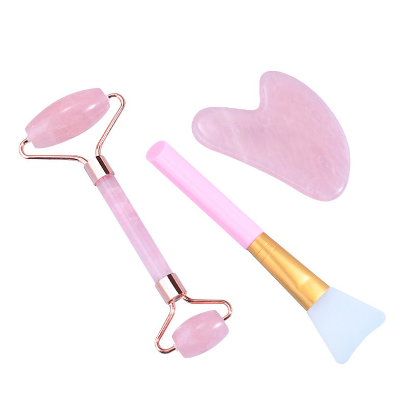 Hot Selling Rose Quartz Roller Gua Sha Set Natural Pink Quartz Face Jade Roller And Gua Sha Stone with Mask Brush Kit for Facial Beauty