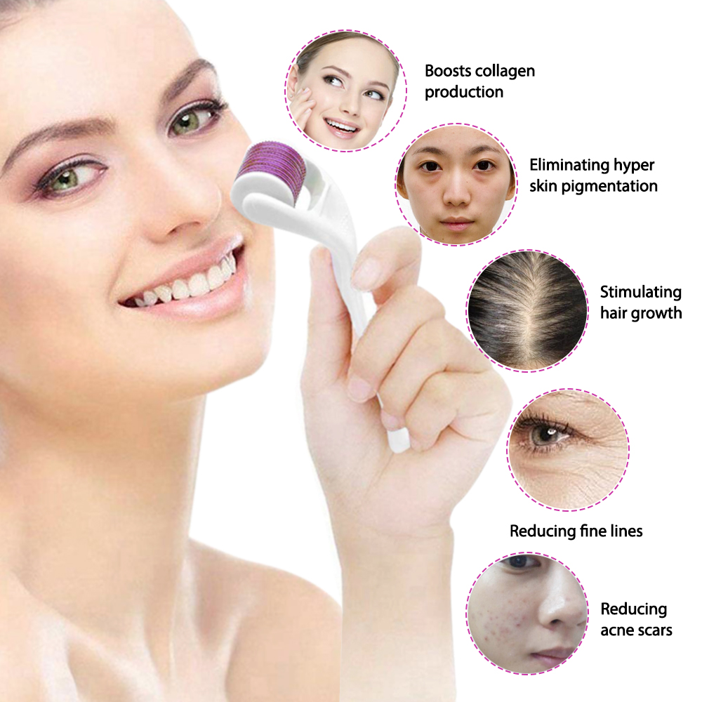 High Quality Microneedle Dermaroller 1200 Micro Needles Skincare Tool Facial Derma Roller Kit 6 in 1 for Acne Scars Remove (set)